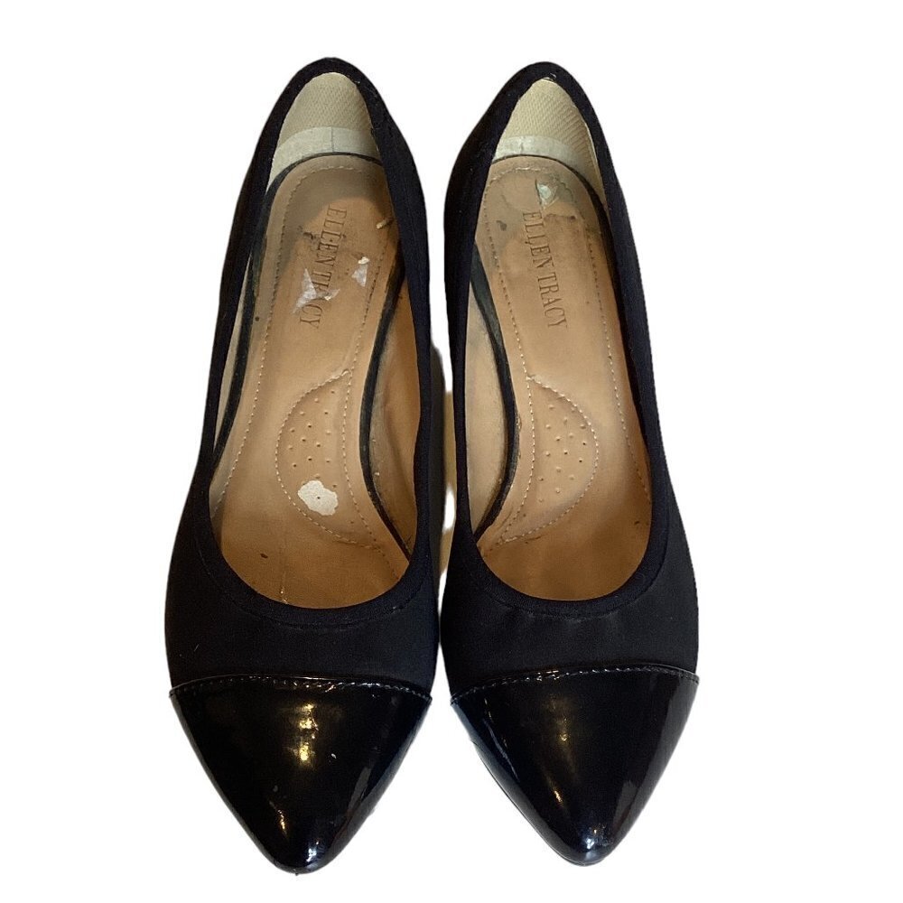 Ellen Tracy "Busy" Cap Toe Low‎ Wedge Heel Pump Sz 8M Black #249B